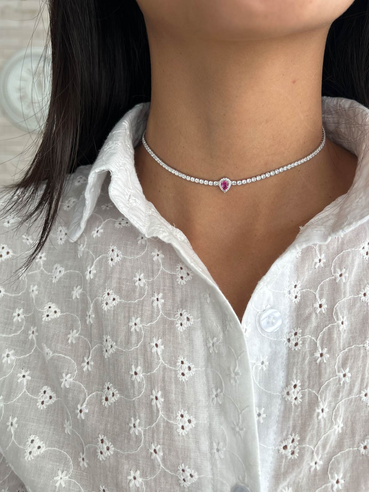 שרשרת צ'וקר טניס טיפה ורודה משובצת