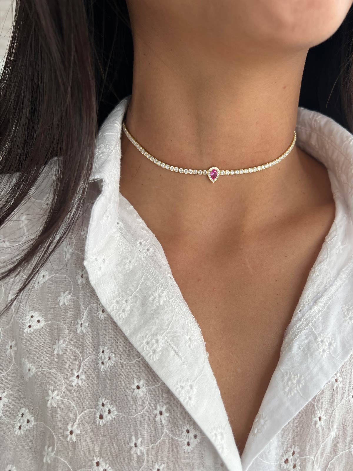 שרשרת צ'וקר טניס טיפה ורודה משובצת