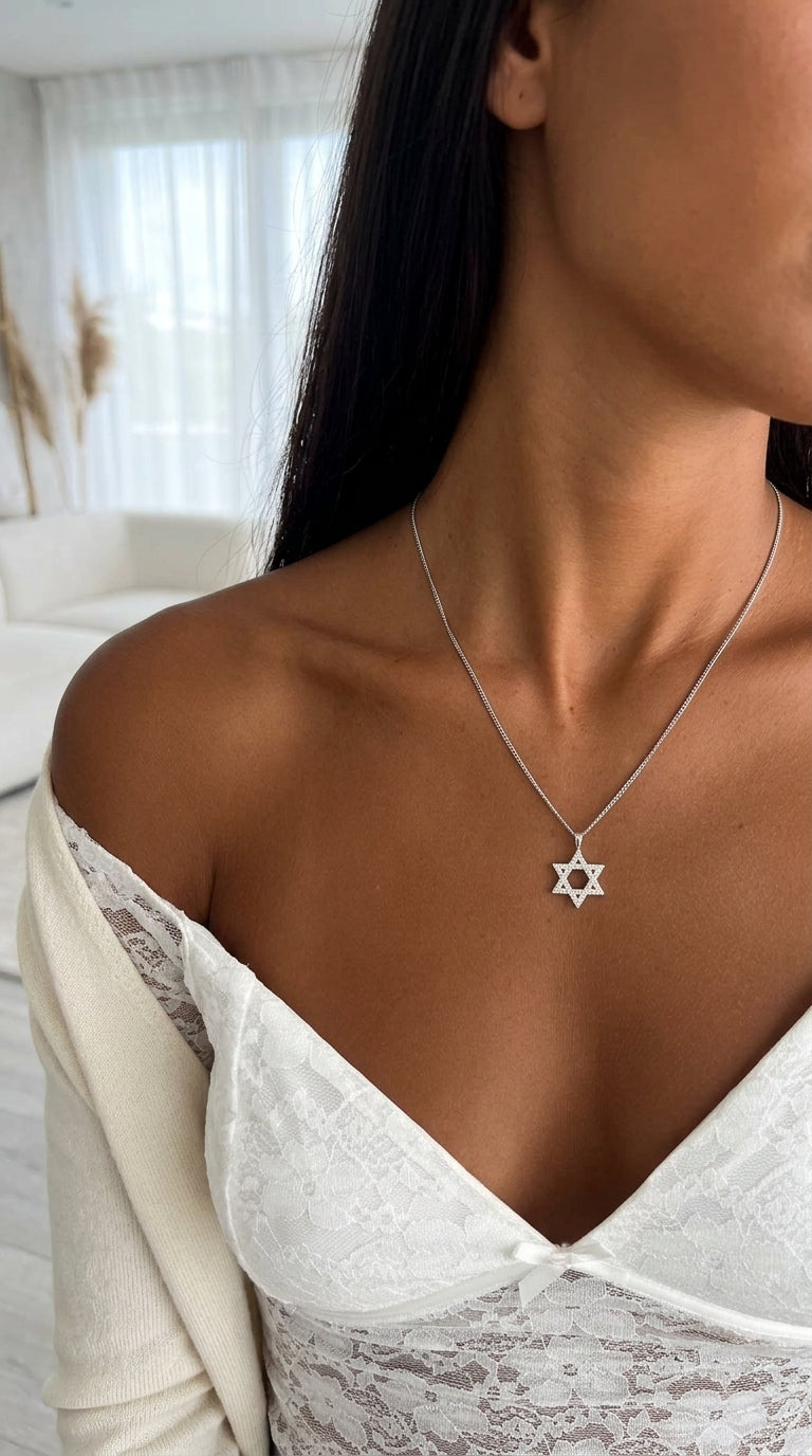 שרשרת חוליות תליון מגן דוד גדול משובץ