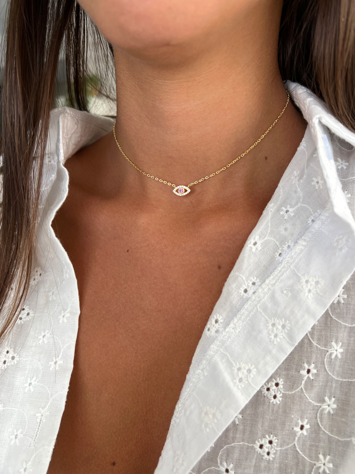 שרשרת צמודה עין קטנה אבן ורודה