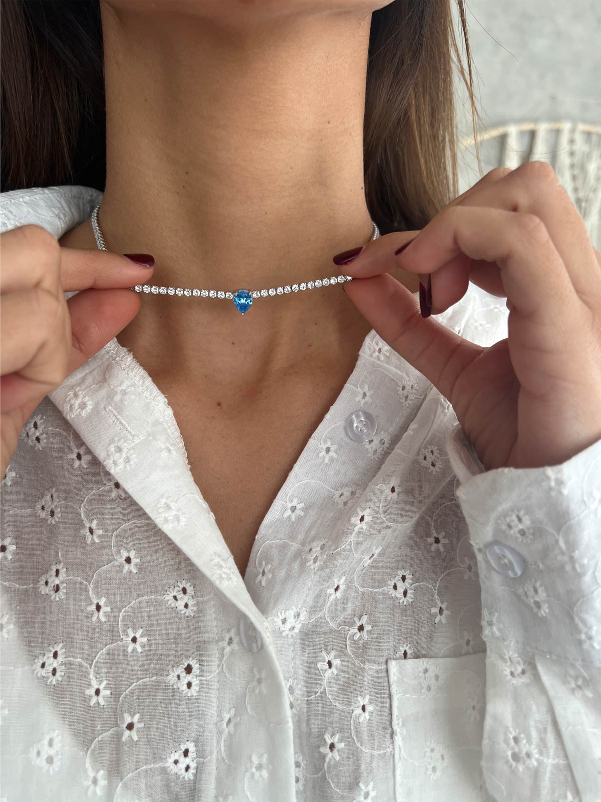 שרשרת צ'וקר טניס סוליטר טיפה תכלת