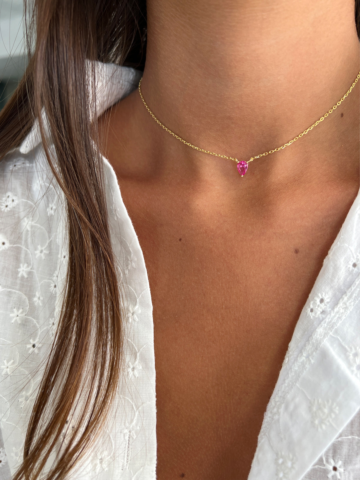 שרשרת צמודה סוליטר טיפה ורודה