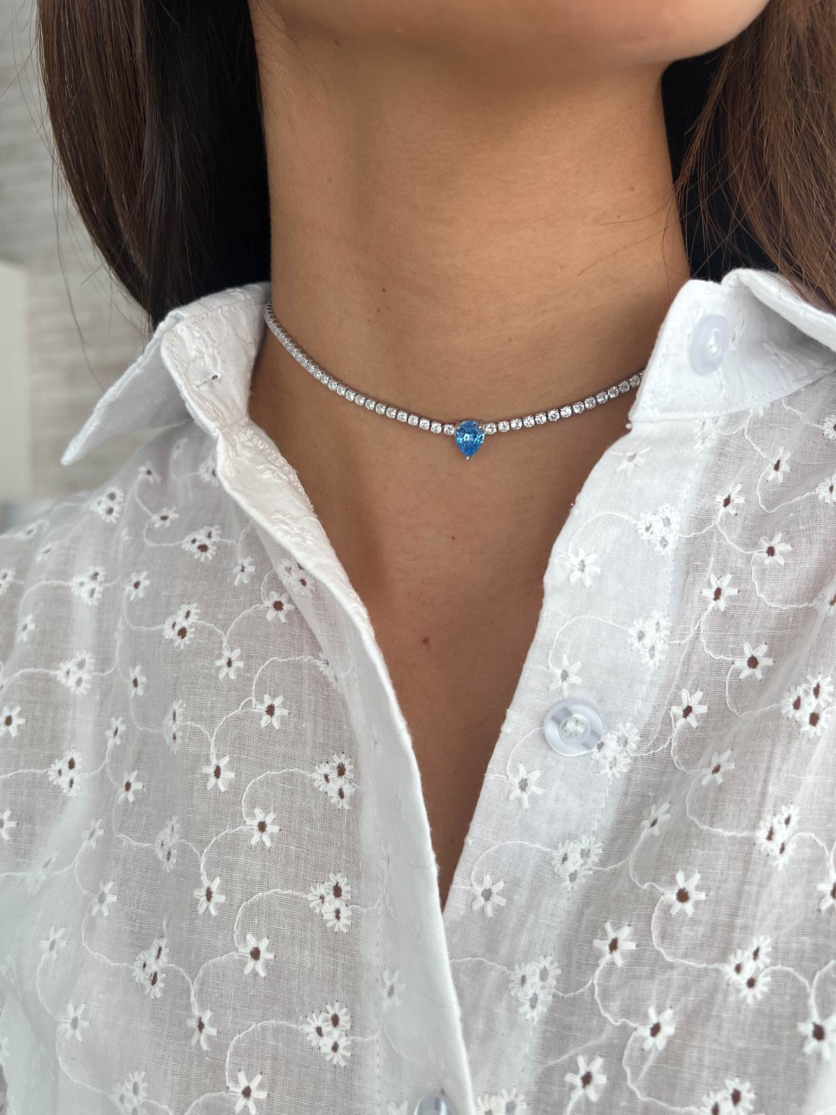 שרשרת צ'וקר טניס סוליטר טיפה תכלת