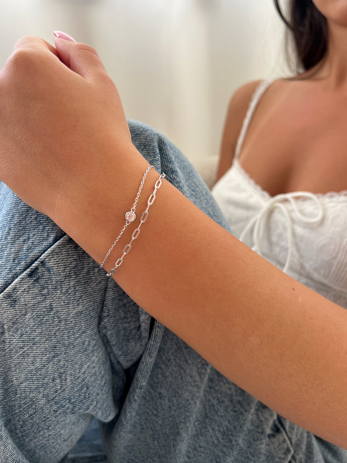 צמיד כפול חוליות וסוליטר עגול