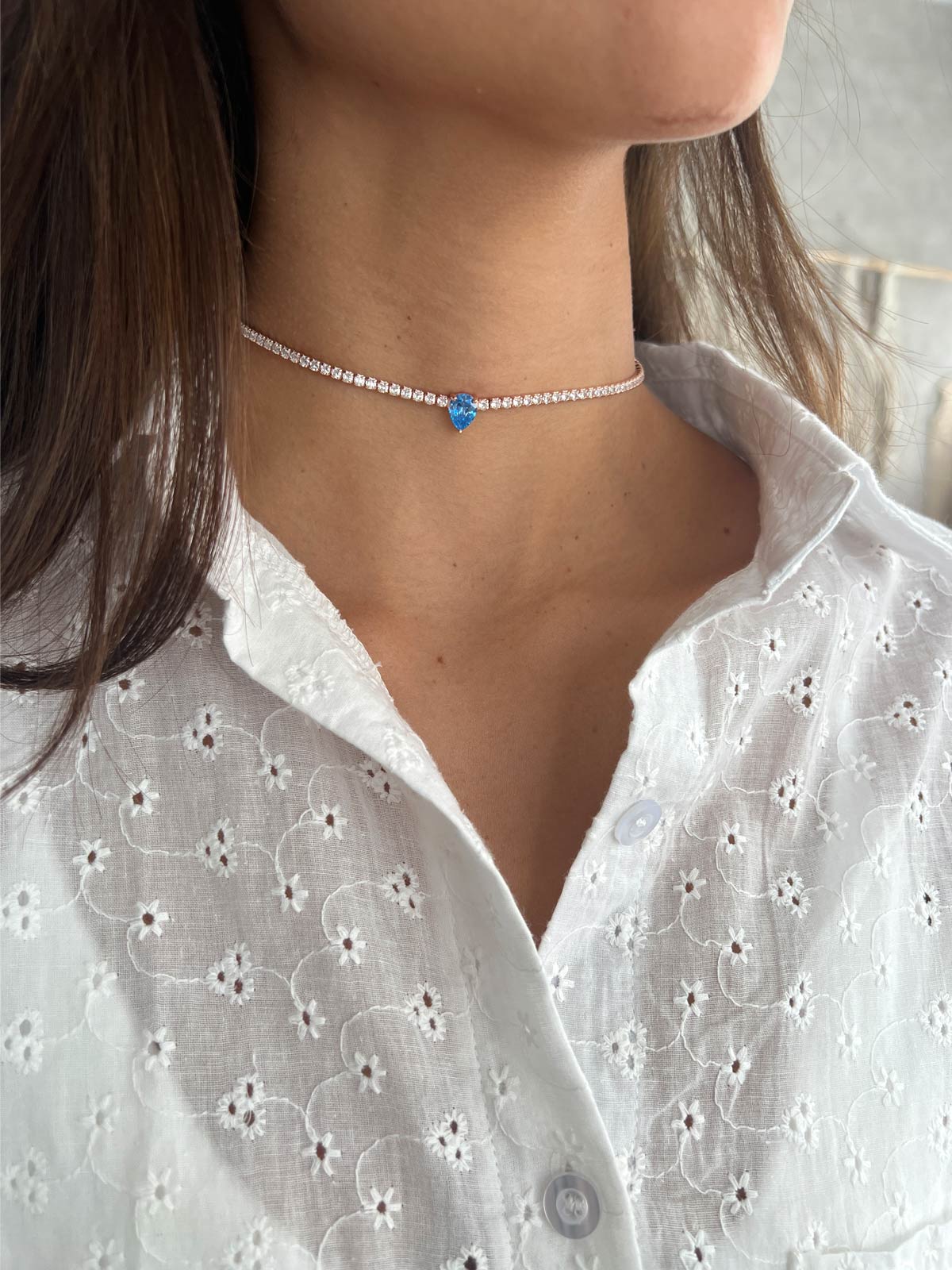 שרשרת צ'וקר טניס סוליטר טיפה תכלת