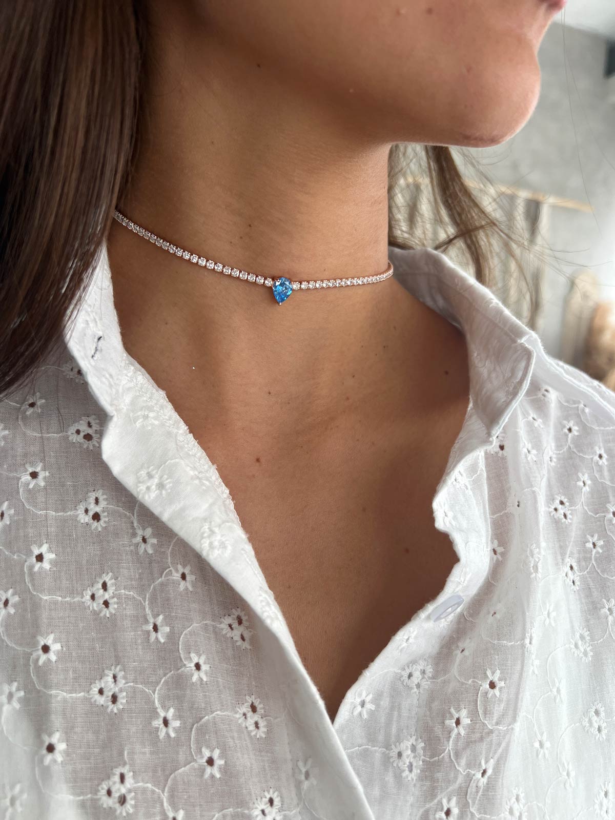 שרשרת צ'וקר טניס סוליטר טיפה תכלת