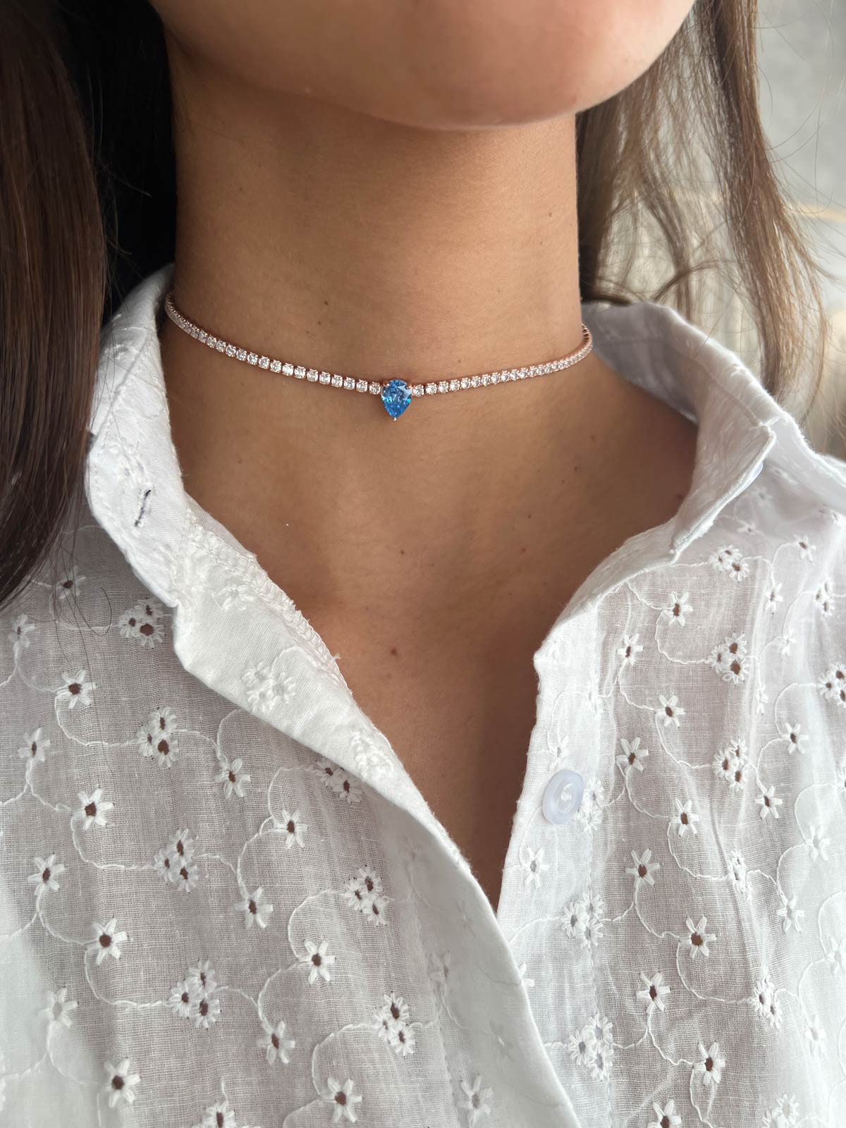 שרשרת צ'וקר טניס סוליטר טיפה תכלת