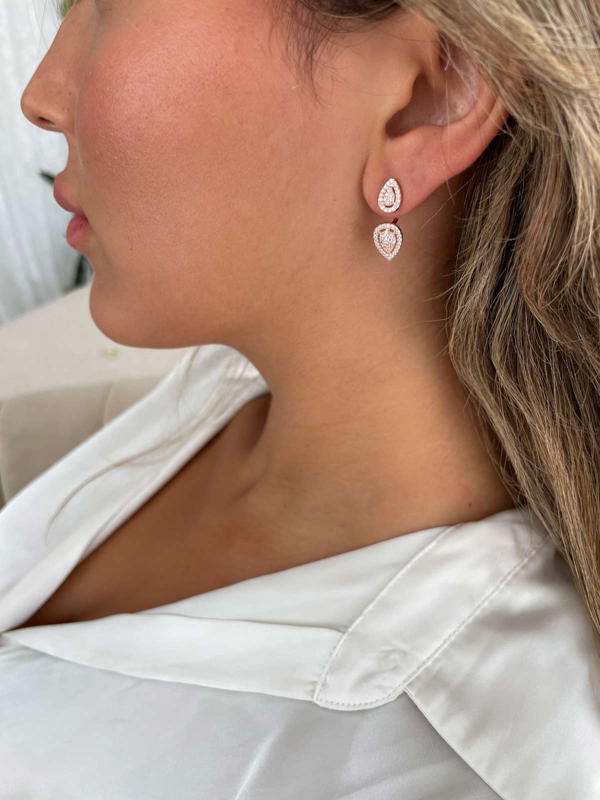 עגילי ג’אקט שתי טיפות משובצות