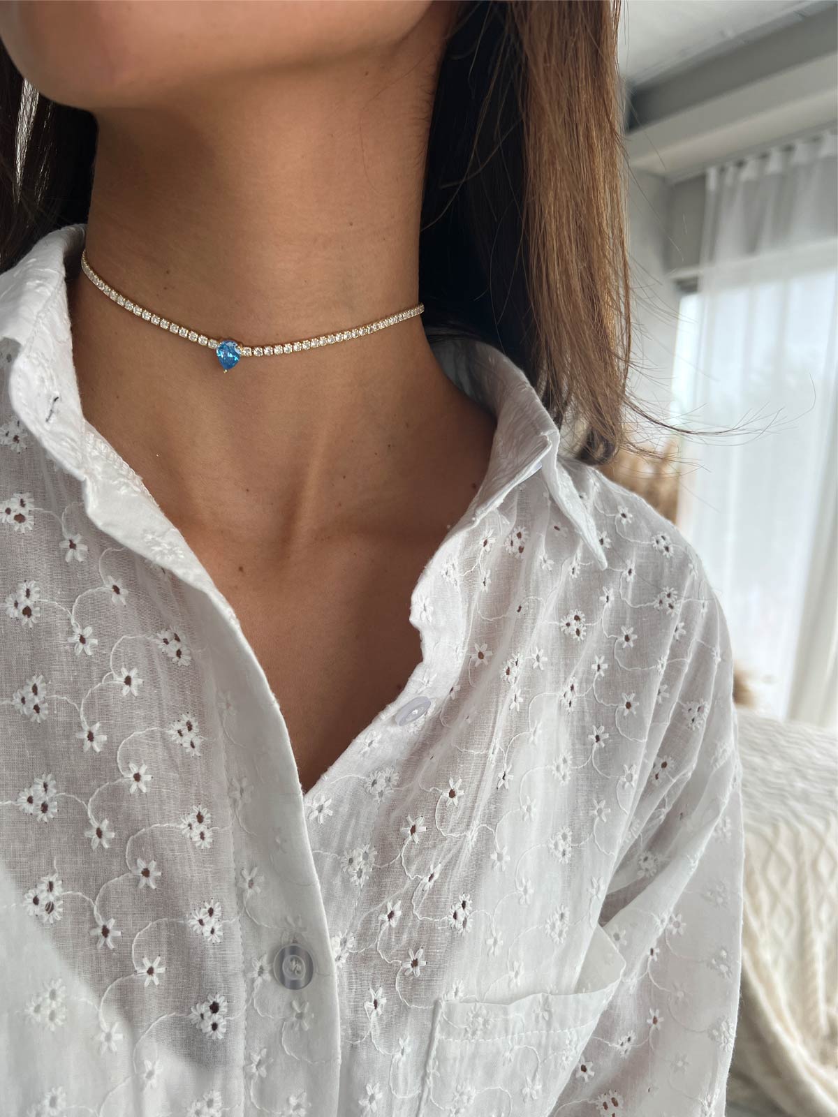 שרשרת צ'וקר טניס סוליטר טיפה תכלת