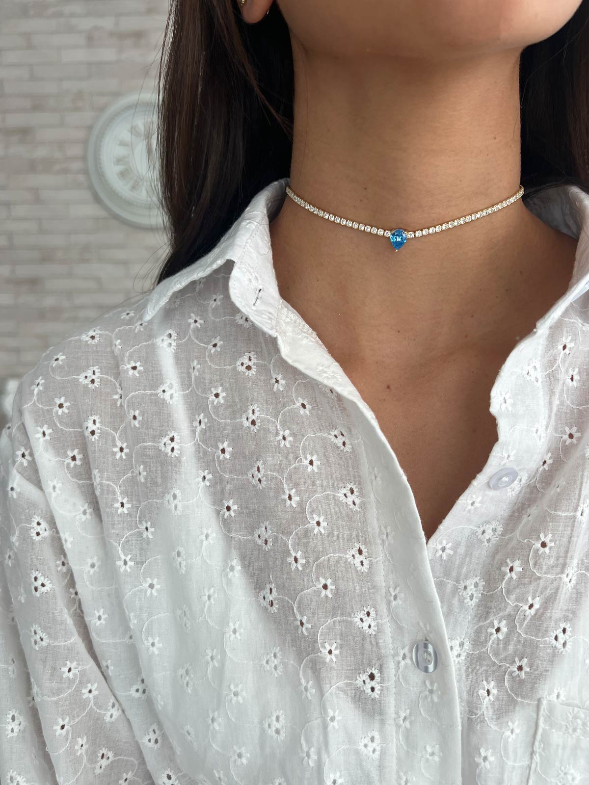 שרשרת צ'וקר טניס סוליטר טיפה תכלת