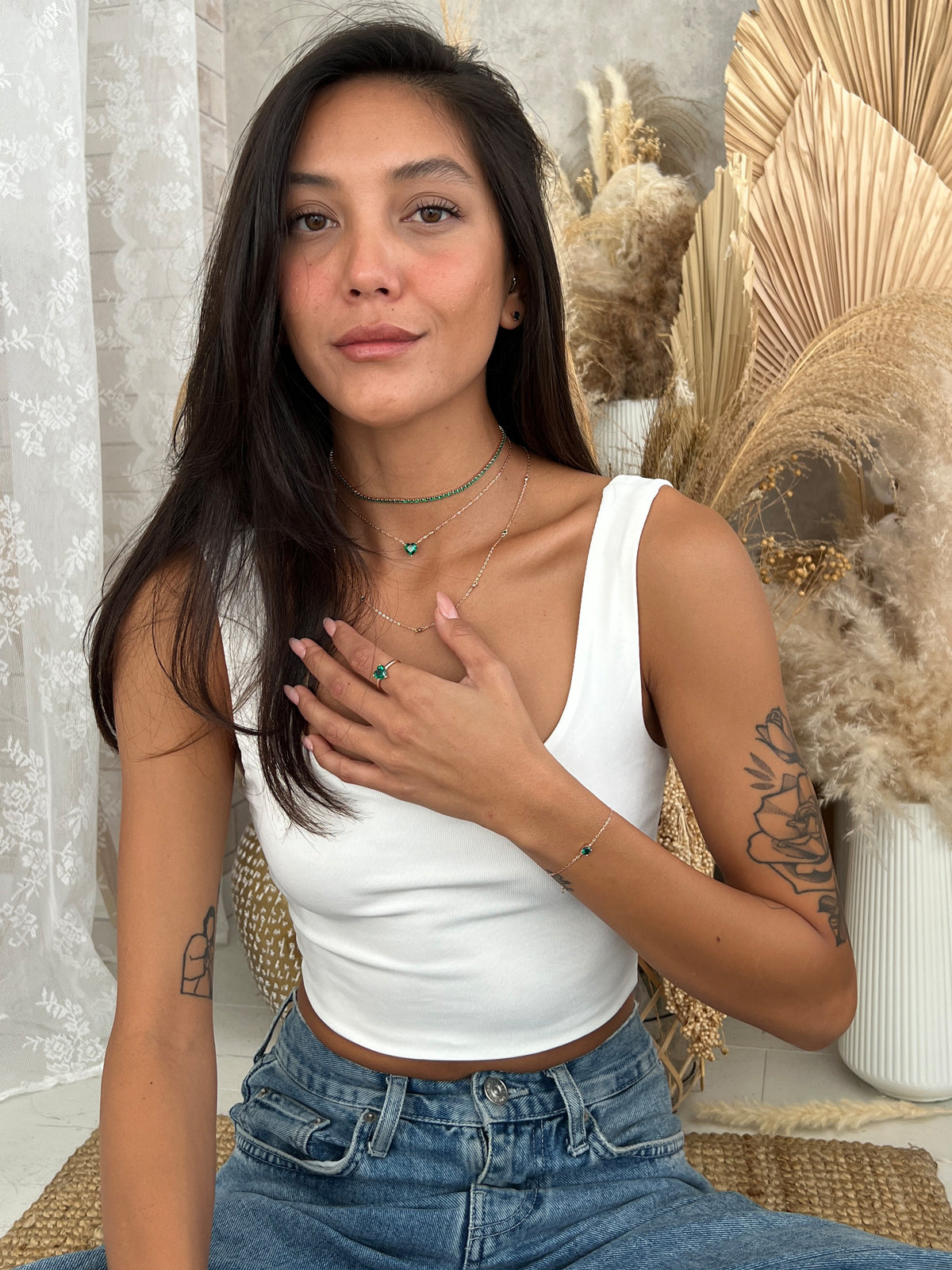 שרשרת צמודה סוליטר לב גדול ירוק