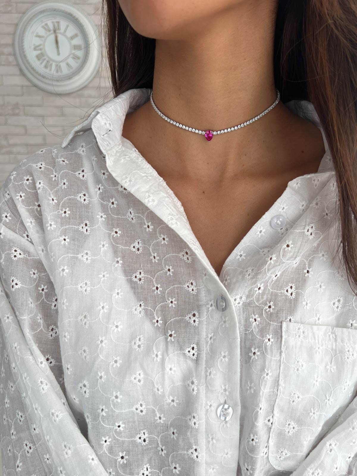 שרשרת צ'וקר טניס סוליטר טיפה ורודה