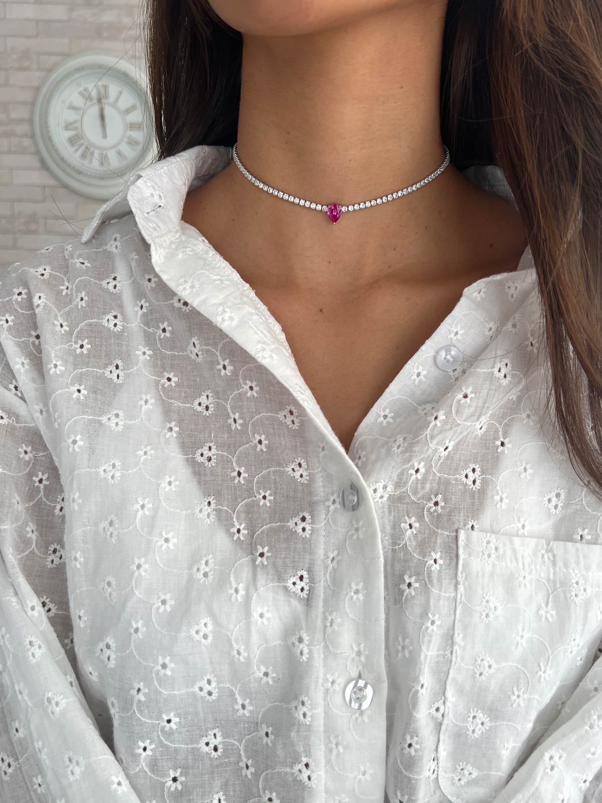 שרשרת צ'וקר טניס סוליטר טיפה ורודה