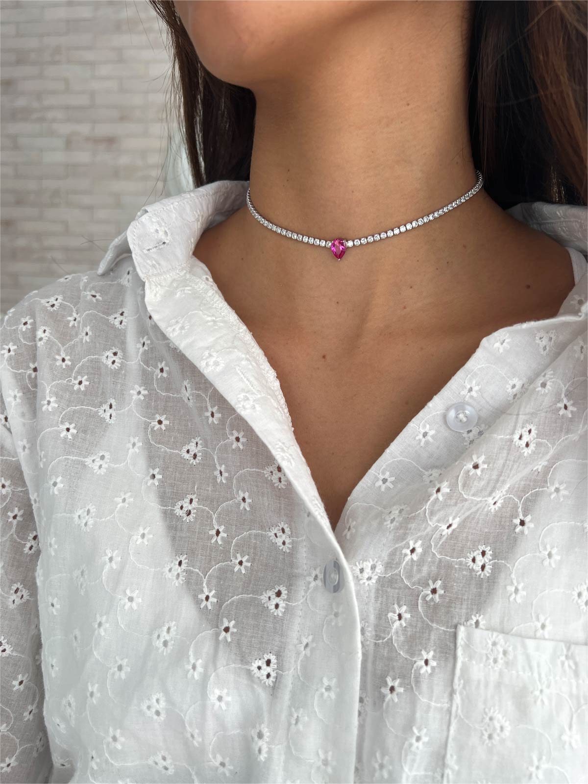 שרשרת צ'וקר טניס סוליטר טיפה ורודה