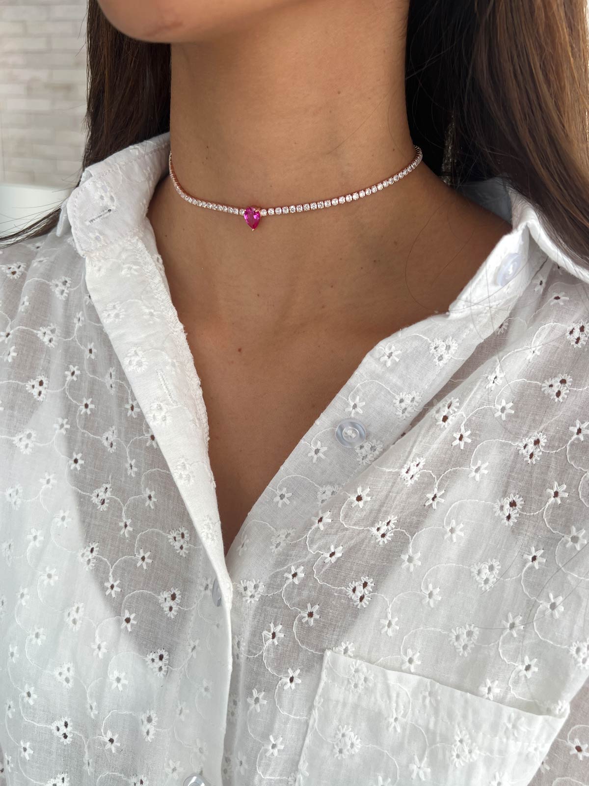 שרשרת צ'וקר טניס סוליטר טיפה ורודה