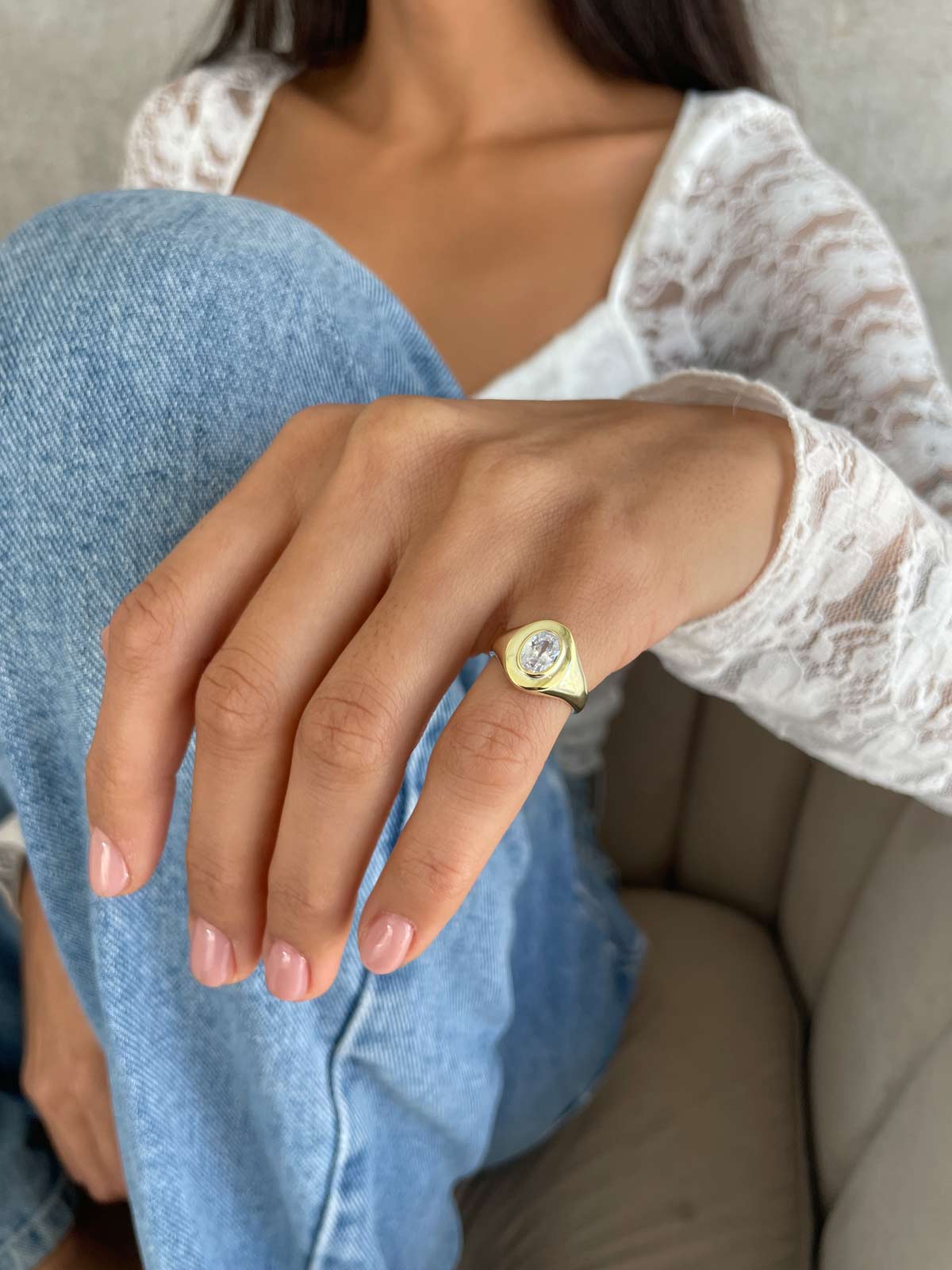 טבעת חותם לזרת סוליטר אליפסה