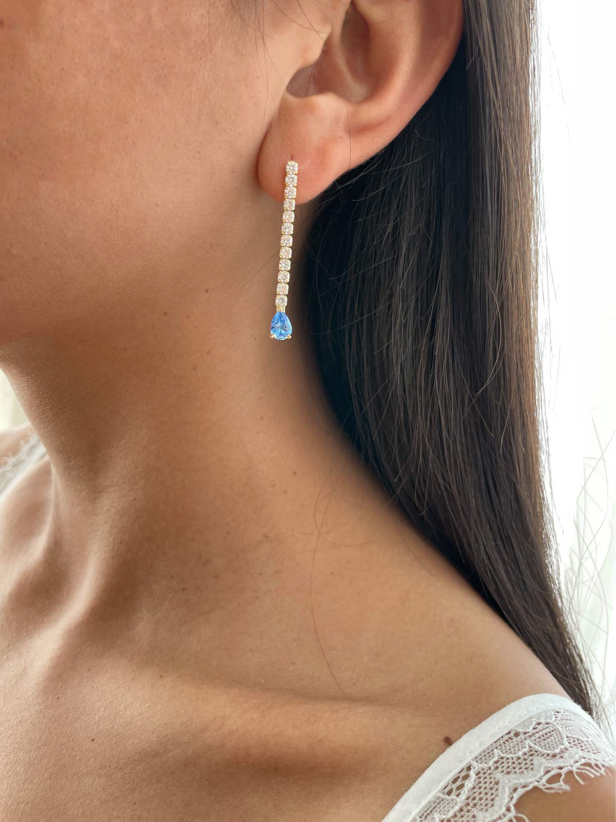 עגילי טניס סוליטר טיפה תכלת