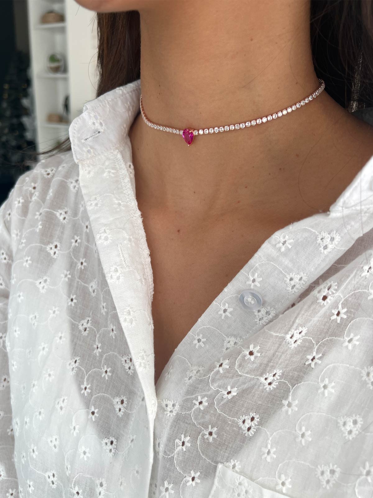 שרשרת צ'וקר טניס סוליטר טיפה ורודה