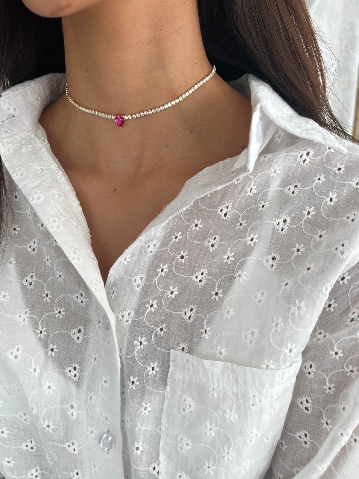 שרשרת צ'וקר טניס סוליטר טיפה ורודה