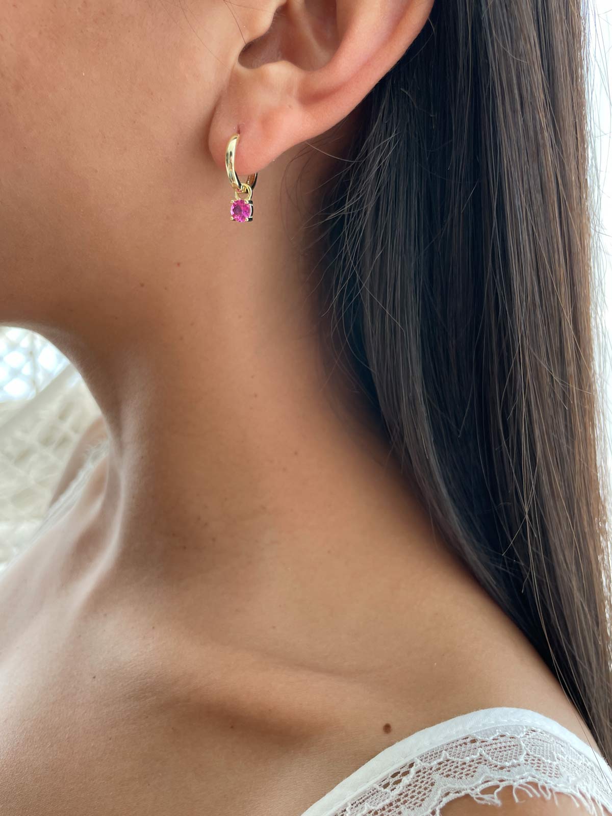 עגילי חישוק חלק סוליטר ורוד נופל