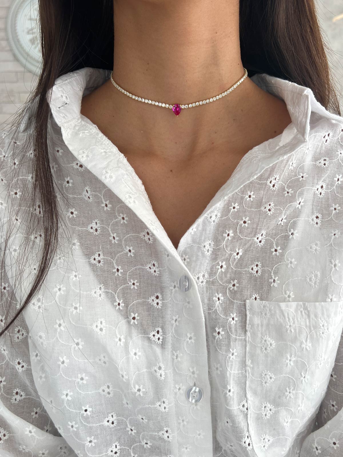 שרשרת צ'וקר טניס סוליטר טיפה ורודה