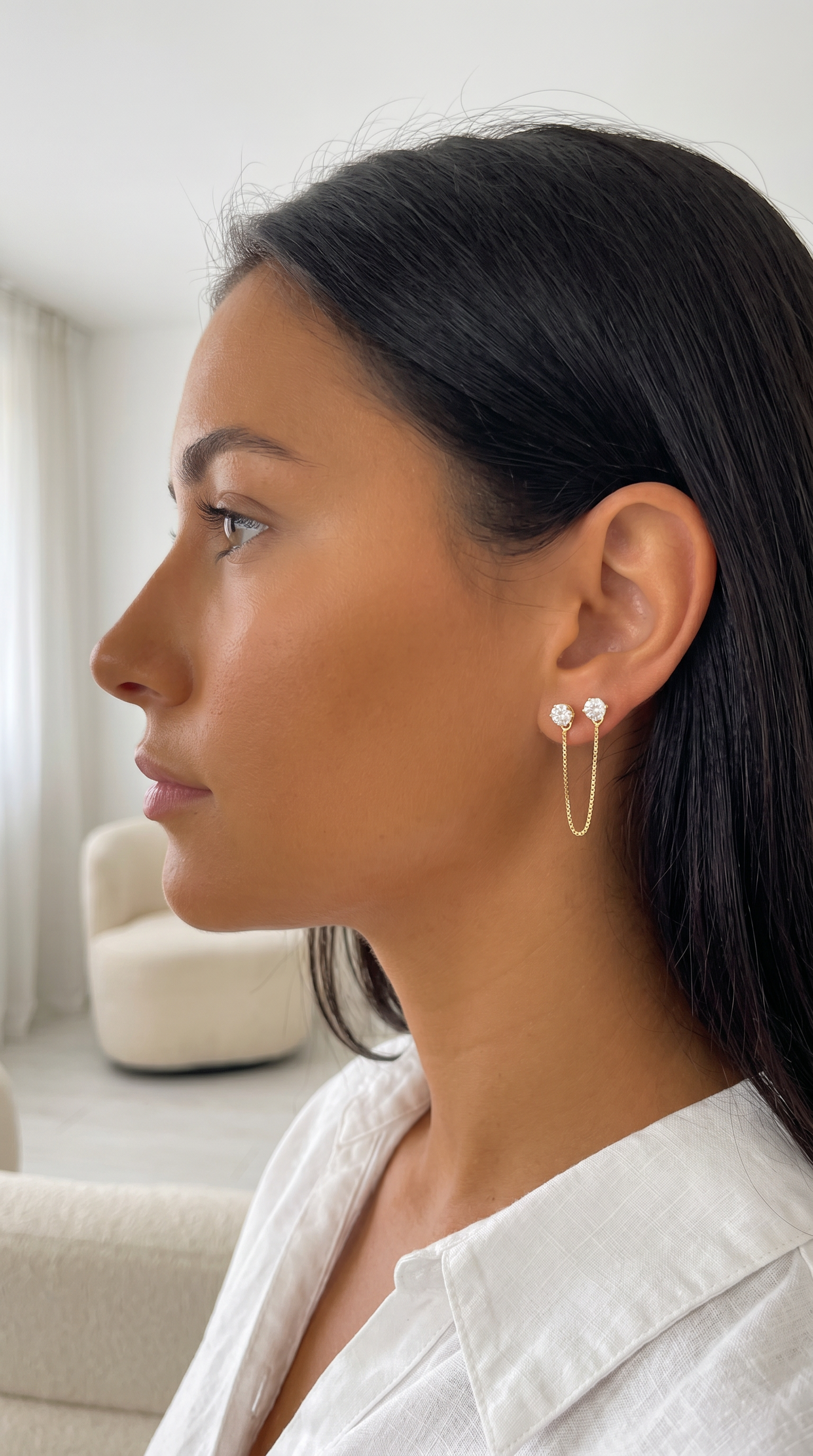 עגיל כפול שני סוליטרים ושרשרת