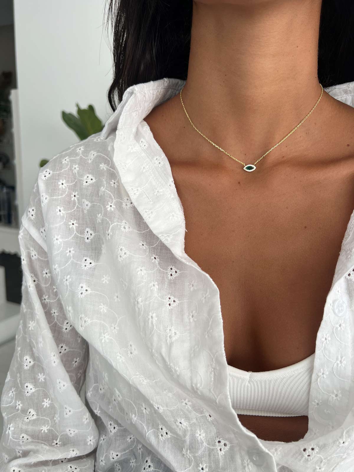 שרשרת צמודה סוליטר מרקיזה ירוק משובץ