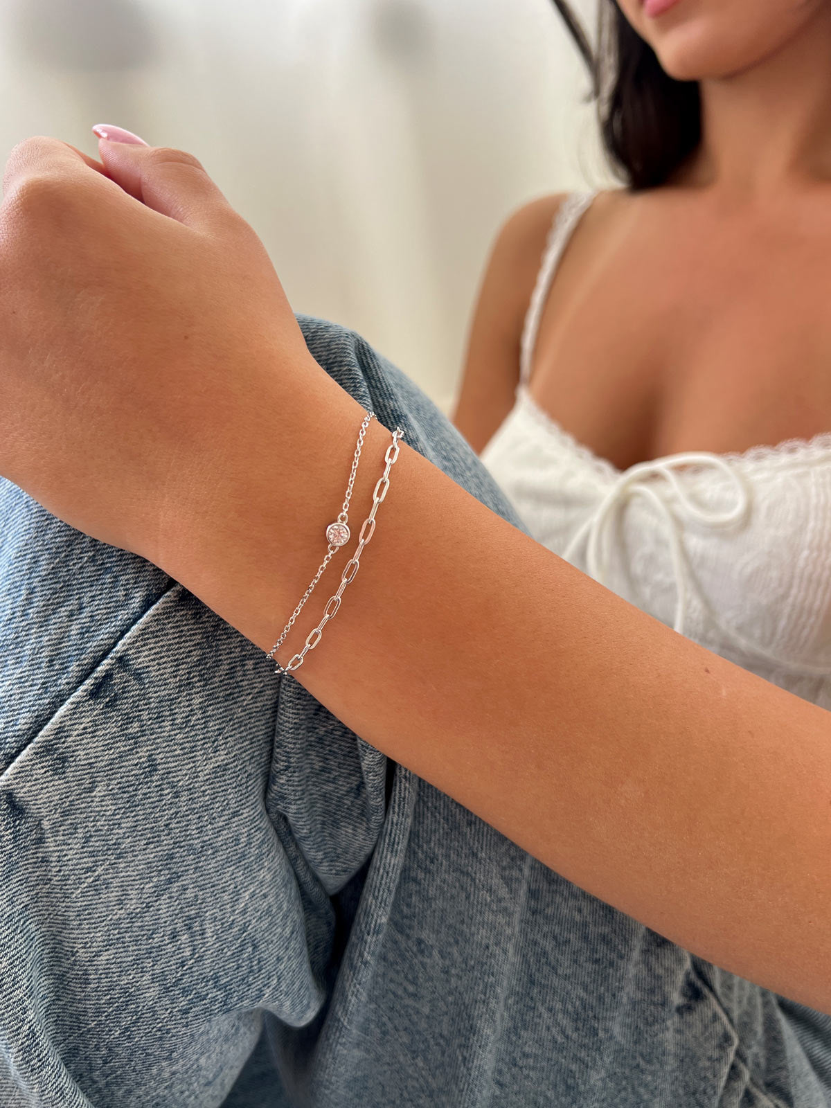 צמיד כפול חוליות וסוליטר עגול