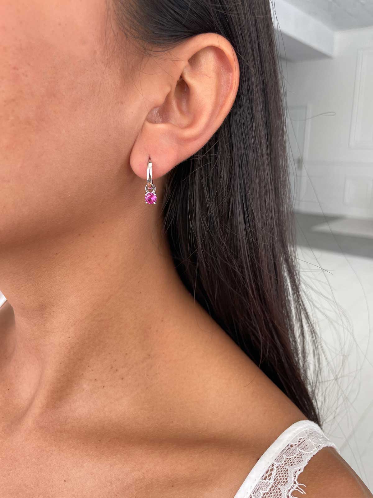 עגילי חישוק חלק סוליטר ורוד נופל