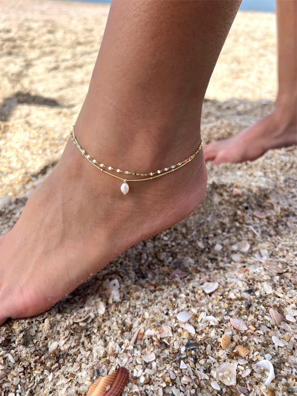 צמיד רגל כפול פנינה זהב - מי אלמה חנות תכשיטי כסף לנשים אונליין